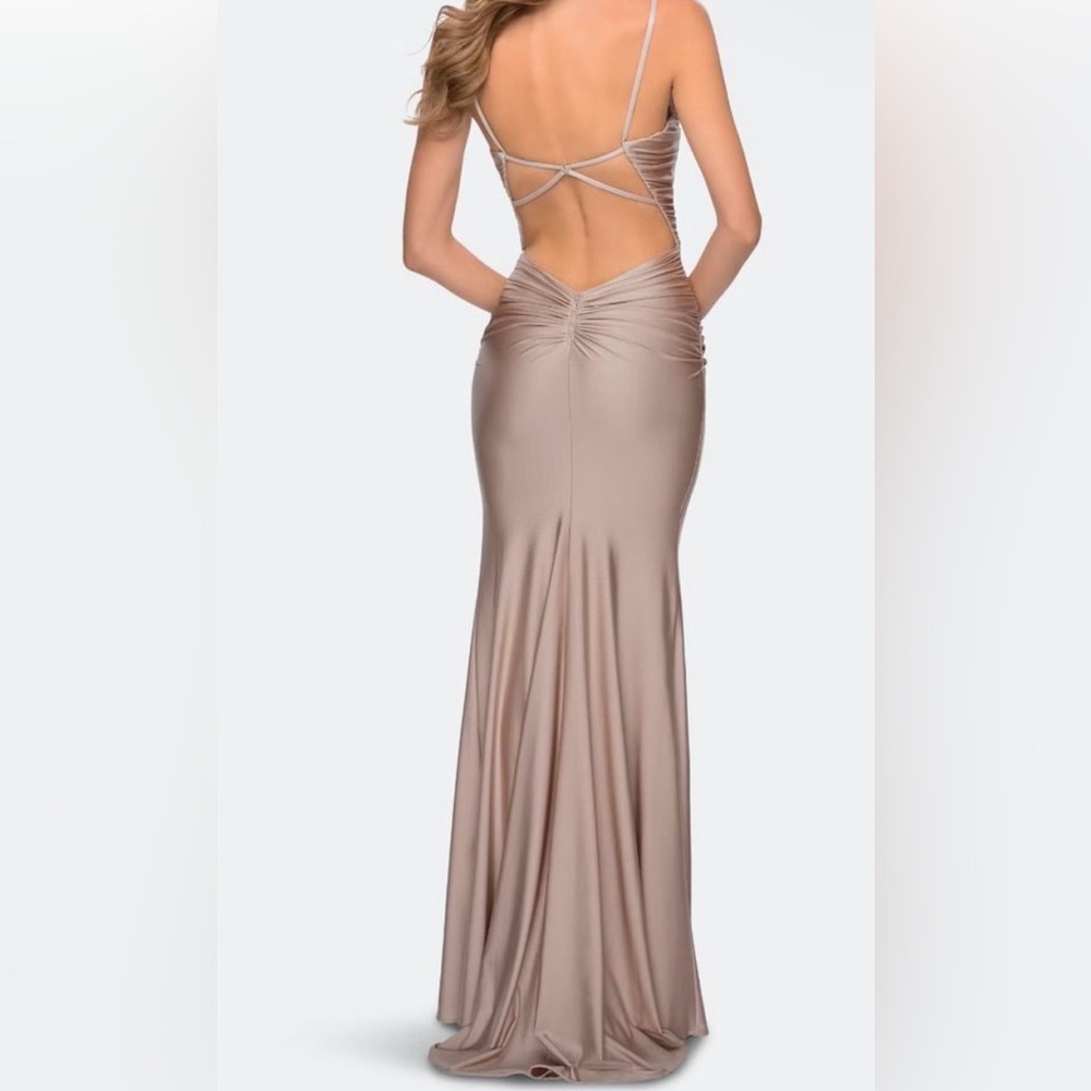 La Femme Ruched Trumpet Dress strappy back.